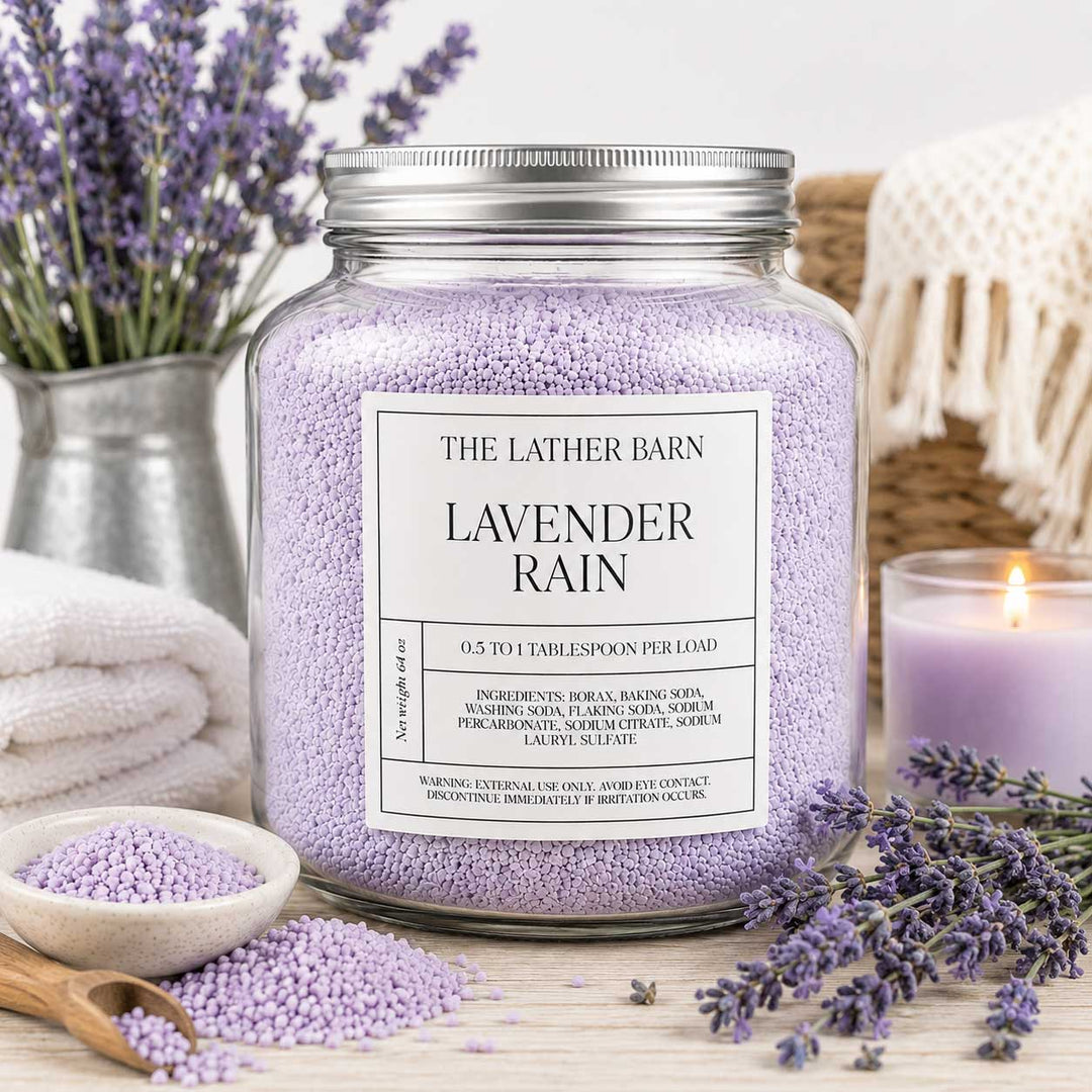 A large glass jar candle labeled 'The Lather Barn Lavender Rain' filled with lavender-infused bath salts, styled on a wooden surface with lavender sprigs, a small bowl of bath salts, a lit candle, and soft home decor in the background.