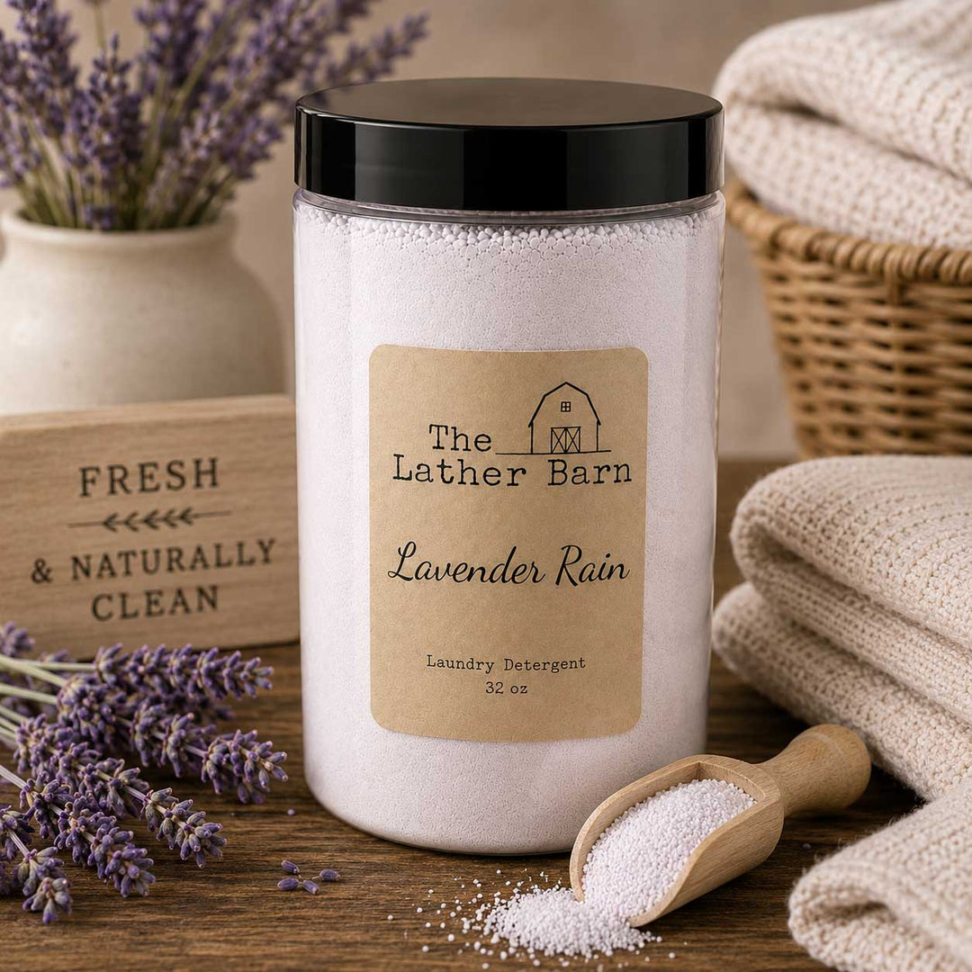 A jar of 'The Lather Barn' Lavender Rain laundry detergent sits on a rustic wooden table surrounded by lavender sprigs, a wooden scoop filled with the white powder, folded beige towels, and a decorative sign.