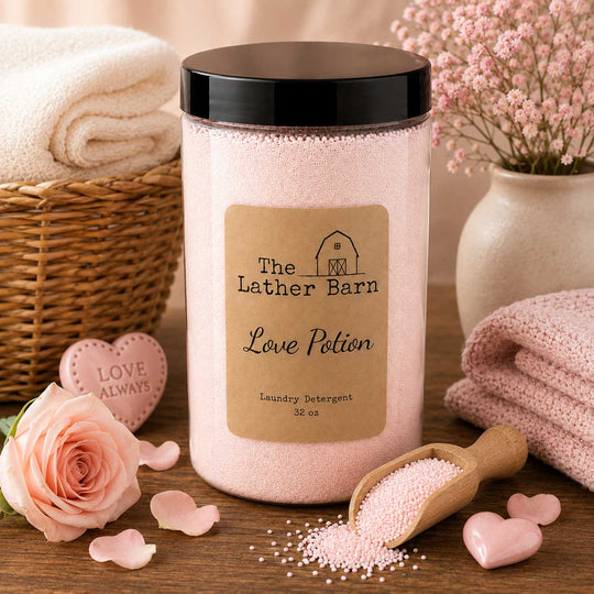 A jar of The Lather Barn Love Potion laundry detergent sits on a wooden table surrounded by pink roses, folded pink towels, a heart-shaped soap, and a small scoop of the powder.