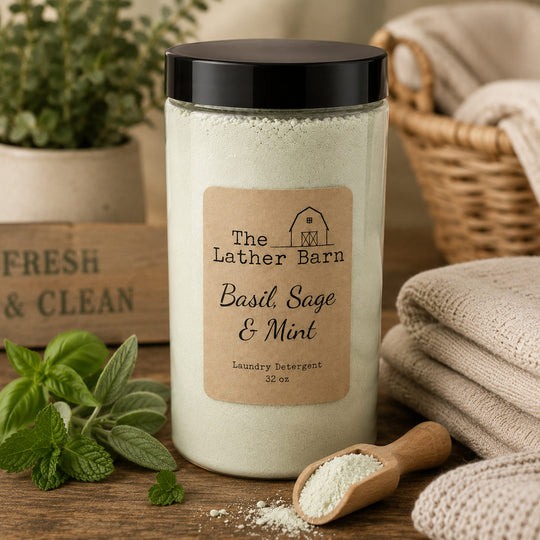 A jar of The Lather Barn Basil, Sage & Mint laundry detergent sits on a wooden table surrounded by fresh mint leaves, a small wooden scoop of the white powder, folded beige towels, and a wicker basket in the background.