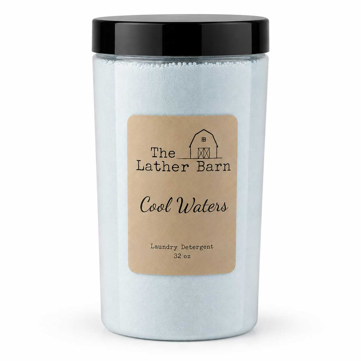 A 32 oz jar of The Lather Barn Cool Waters laundry detergent. The product is shown in a clear plastic jar filled with a light blue powder, featuring a black screw-on lid and a tan paper label with black text.