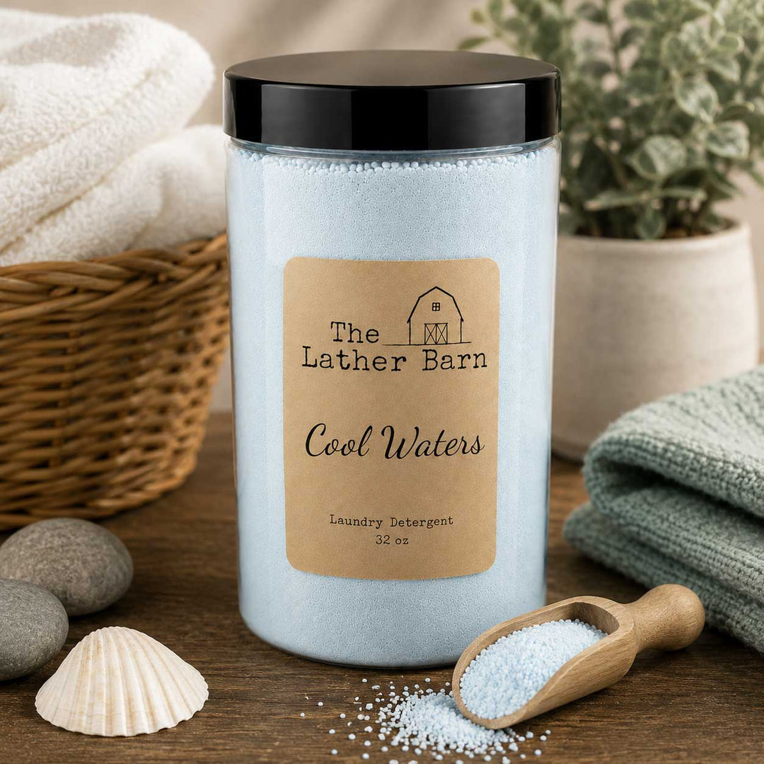 A jar of laundry detergent labeled 'The Lather Barn Cool Waters' sits on a wooden surface with folded towels, a wicker basket, stones, a shell, and a small wooden scoop of the light blue powder.