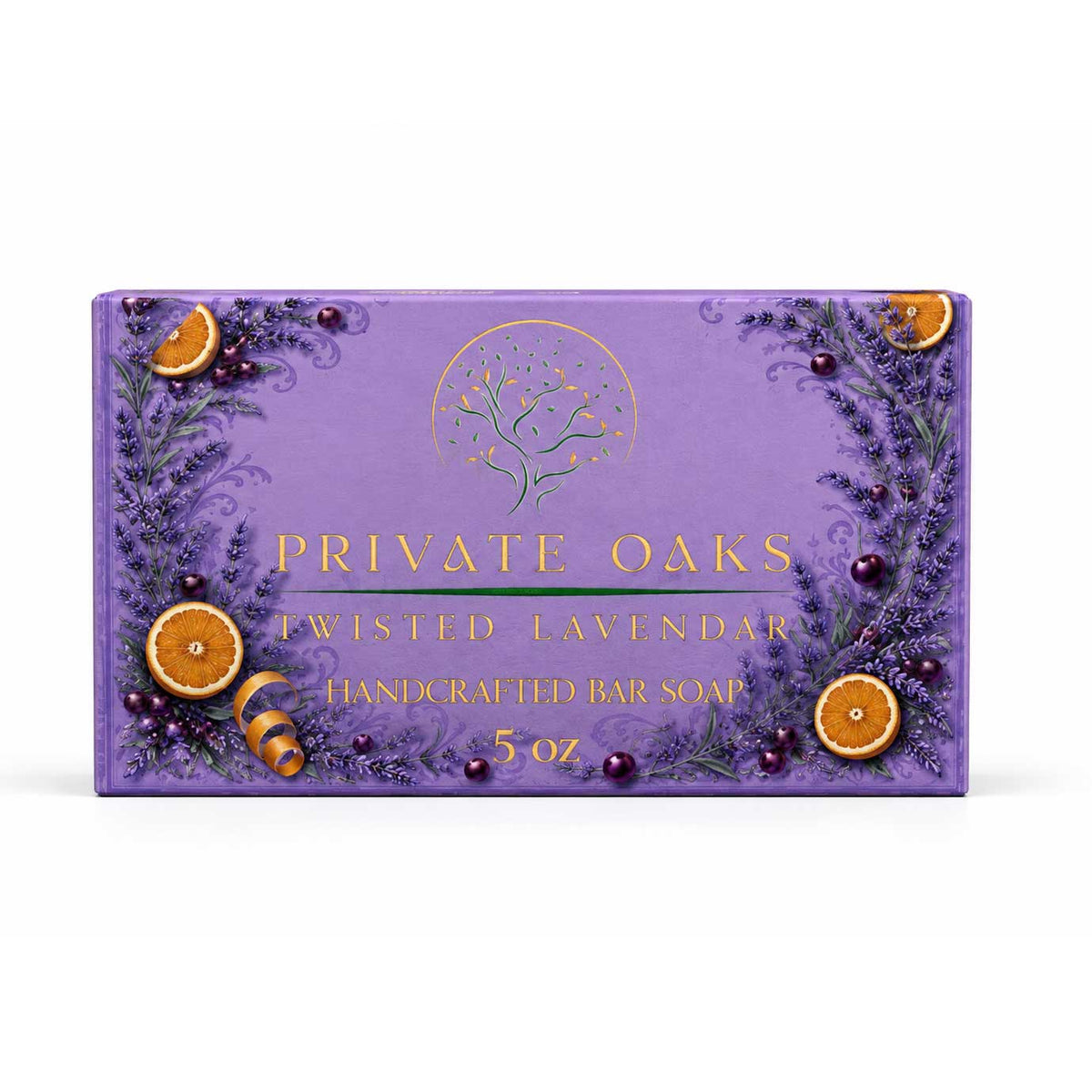 A rectangular purple box of Private Oaks Twisted Lavendar Handcrafted Bar Soap, 5 oz, decorated with illustrations of lavender sprigs, orange slices, and dark purple berries, on a white background.