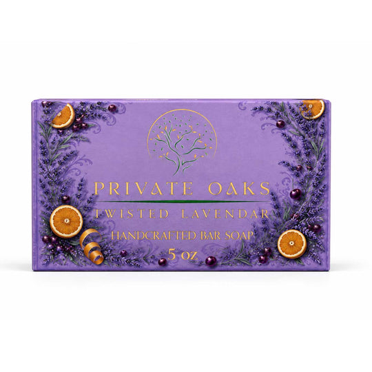A rectangular purple box of Private Oaks Twisted Lavendar Handcrafted Bar Soap, 5 oz, decorated with illustrations of lavender sprigs, orange slices, and dark purple berries, on a white background.