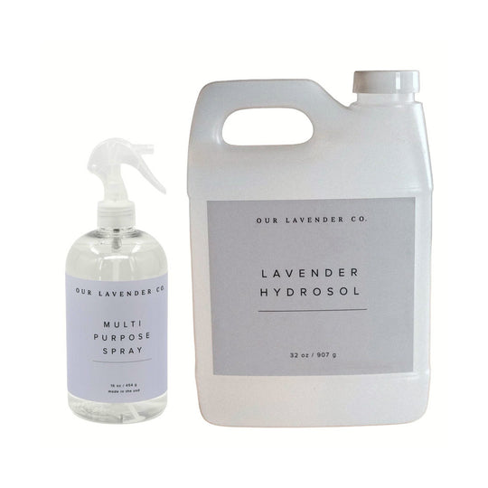 Two bottles of lavender products from 'Our Lavender Co.' on a white background