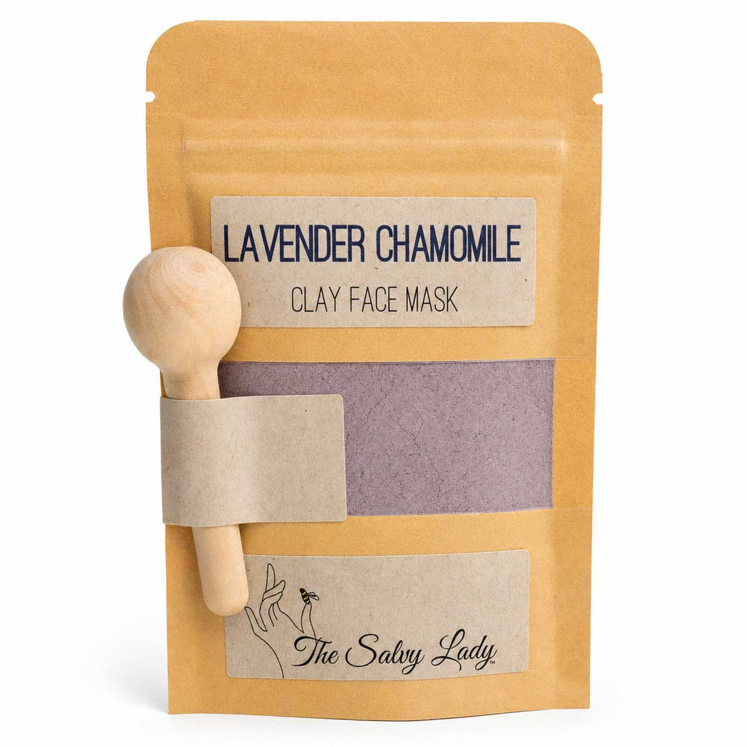 Lavender chamomile clay face mask package with wooden spoon and 'The Salvy Lady' branding.