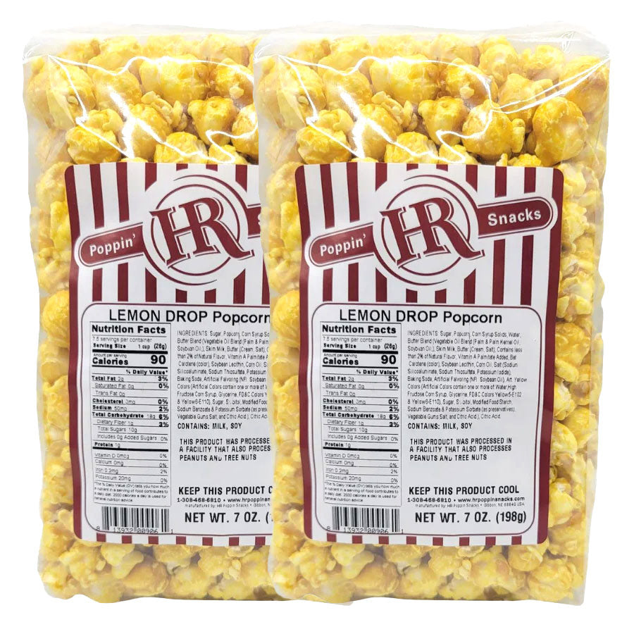 Two bags of Lemon Drop popcorn with HR Poppin' Snacks labels on a white background