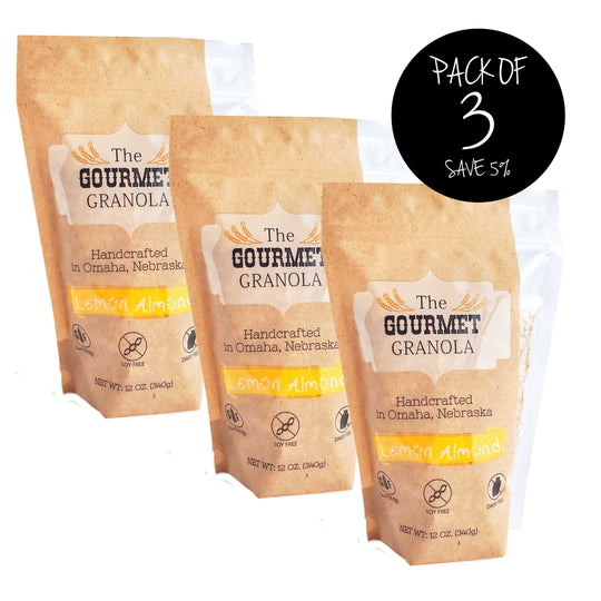 Lemon Almond Granola | Pack of 3 | 12 oz. Bag | Gluten, Soy, & Dairy Free | Light And Refreshing | Made in Omaha, NE | The Gourmet Granola