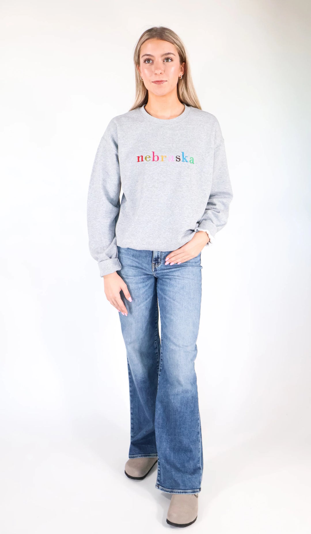 Colorful Nebraska Sweatshirt | Vibrant Embroidery | Cute, Simple, Cozy | Lux by Leslie | Made in Ord, NE