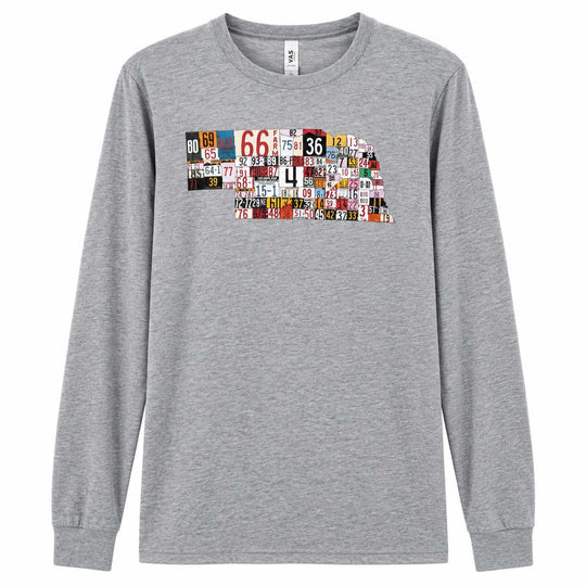 A heather gray long-sleeve crewneck t-shirt featuring a graphic of the state outline of Nebraska filled with a collage of vintage license plates, shown against a plain white background.