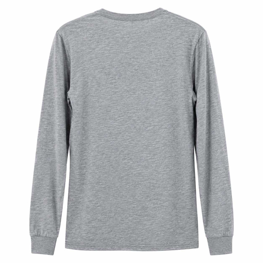 A heather gray long-sleeve t-shirt shown from the back, featuring a crew neck and ribbed cuffs, displayed against a solid white background.