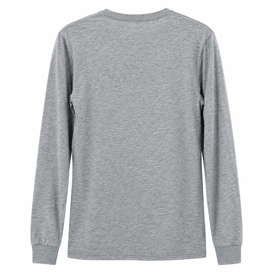 A heather gray long-sleeve t-shirt shown from the back, featuring a crew neck and ribbed cuffs, displayed against a solid white background.