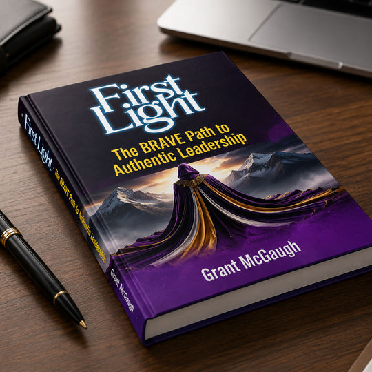 Book titled 'First Light: The BRAVE Path to Authentic Leadership' by Grant McGaugh on a wooden surface with a pen and laptop.