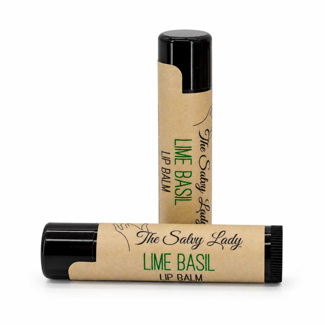Two lip balm sticks with 'The Salvy Lady' branding on a white background