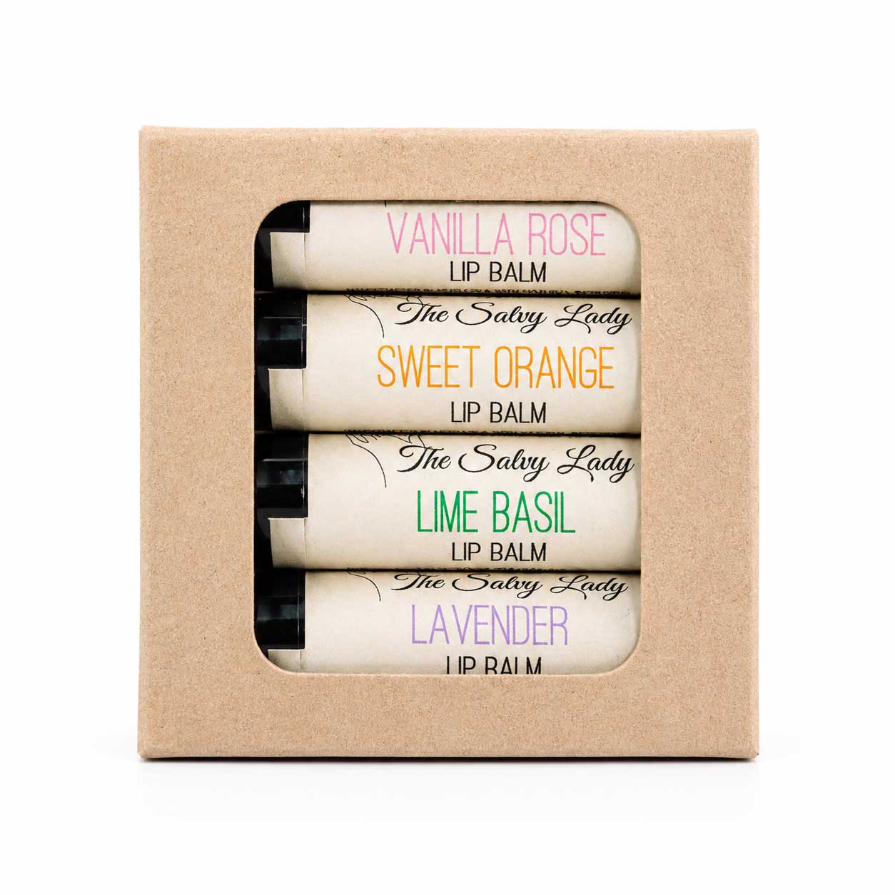 Set of lip balms in a cardboard box with visible labels.
