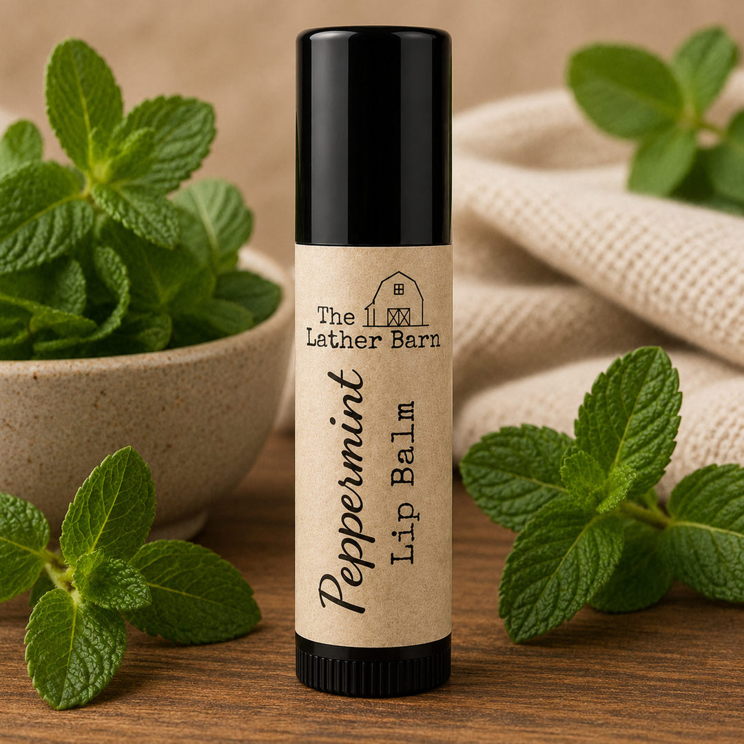 A tube of Peppermint Lip Balm by The Lather Barn sits on a wooden surface, surrounded by fresh green mint leaves and a beige woven cloth. The lip balm tube has a black cap and base with a beige paper label.