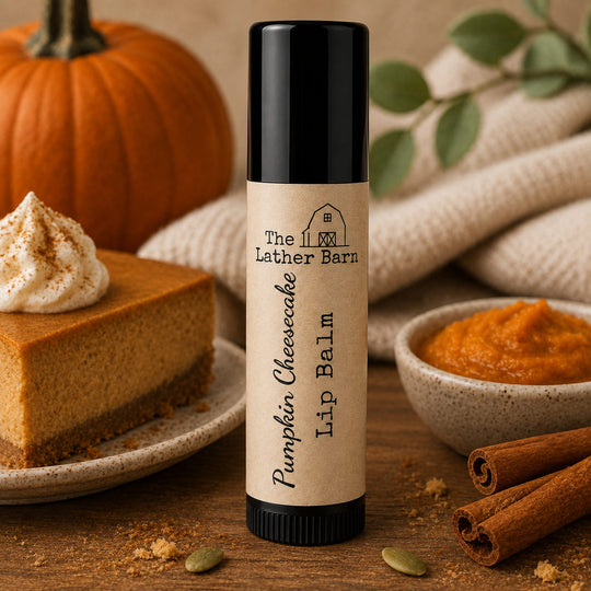 A tube of lip balm standing upright on a wooden surface, surrounded by fall-themed props including a pumpkin, pie, cinnamon sticks, pumpkin seeds, and a bowl of pumpkin puree. The label reads 'The Lather Barn Pumpkin Cheesecake Lip Balm.