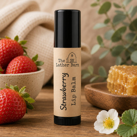 A tube of Strawberry Lip Balm by The Lather Barn stands on a wooden surface, surrounded by fresh strawberries, a bowl of honey, a white flower, and green leaves. The lip balm tube has a black cap and base with a beige label.