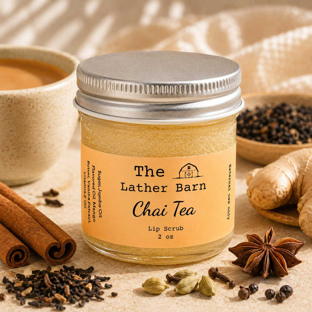 A jar of The Lather Barn Chai Tea Lip Scrub sits on a beige surface surrounded by tea and spice ingredients, including cinnamon sticks, star anise, cardamom pods, peppercorns, ginger root, and a cup of tea in the background.