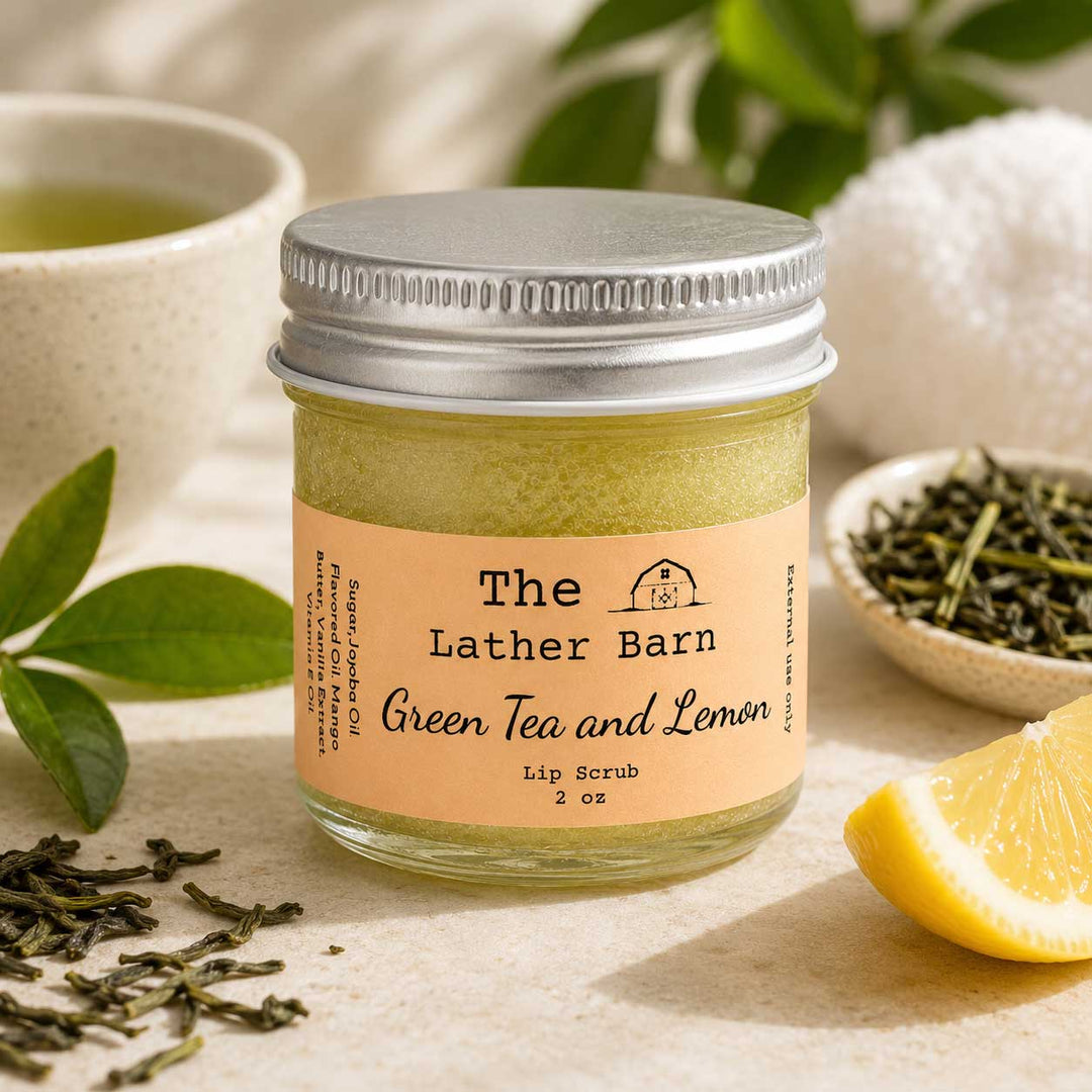A jar of The Lather Barn Green Tea and Lemon lip scrub sits on a light fabric surface with tea leaves, a lemon wedge, and a cup of tea in the background.