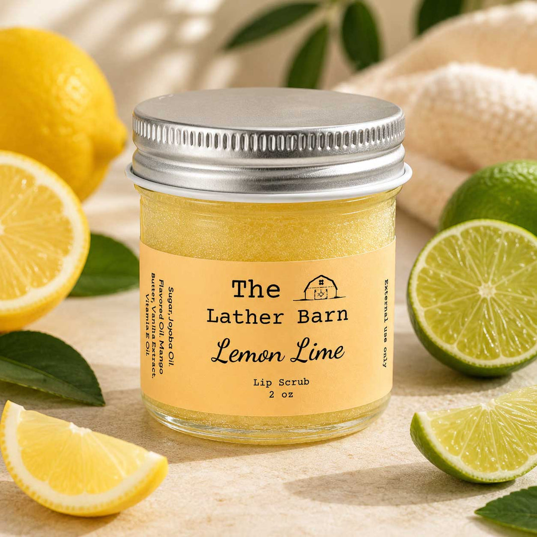 A 2 oz glass jar of 'The Lather Barn' Lemon Lime Lip Scrub with a silver metal lid and a yellow label, styled on a neutral surface with fresh lemons, limes, and mint leaves.