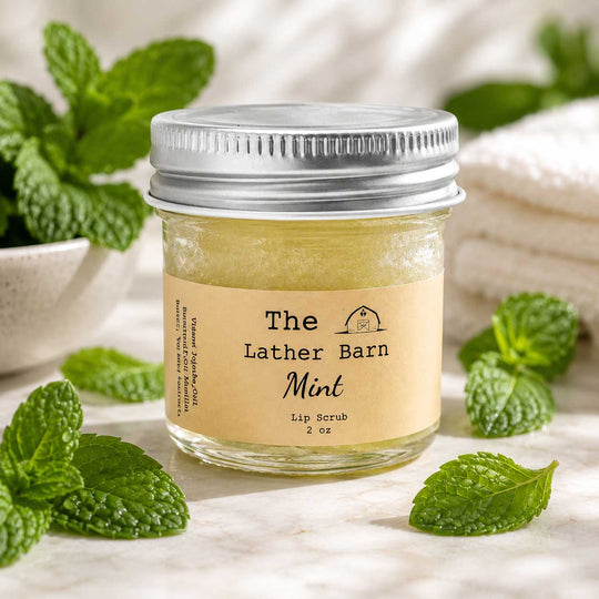 A glass jar of mint lip scrub by The Lather Barn, featuring a silver metal lid and a beige paper label. The jar is styled on a light marble surface with fresh green mint leaves and a soft, warm background.