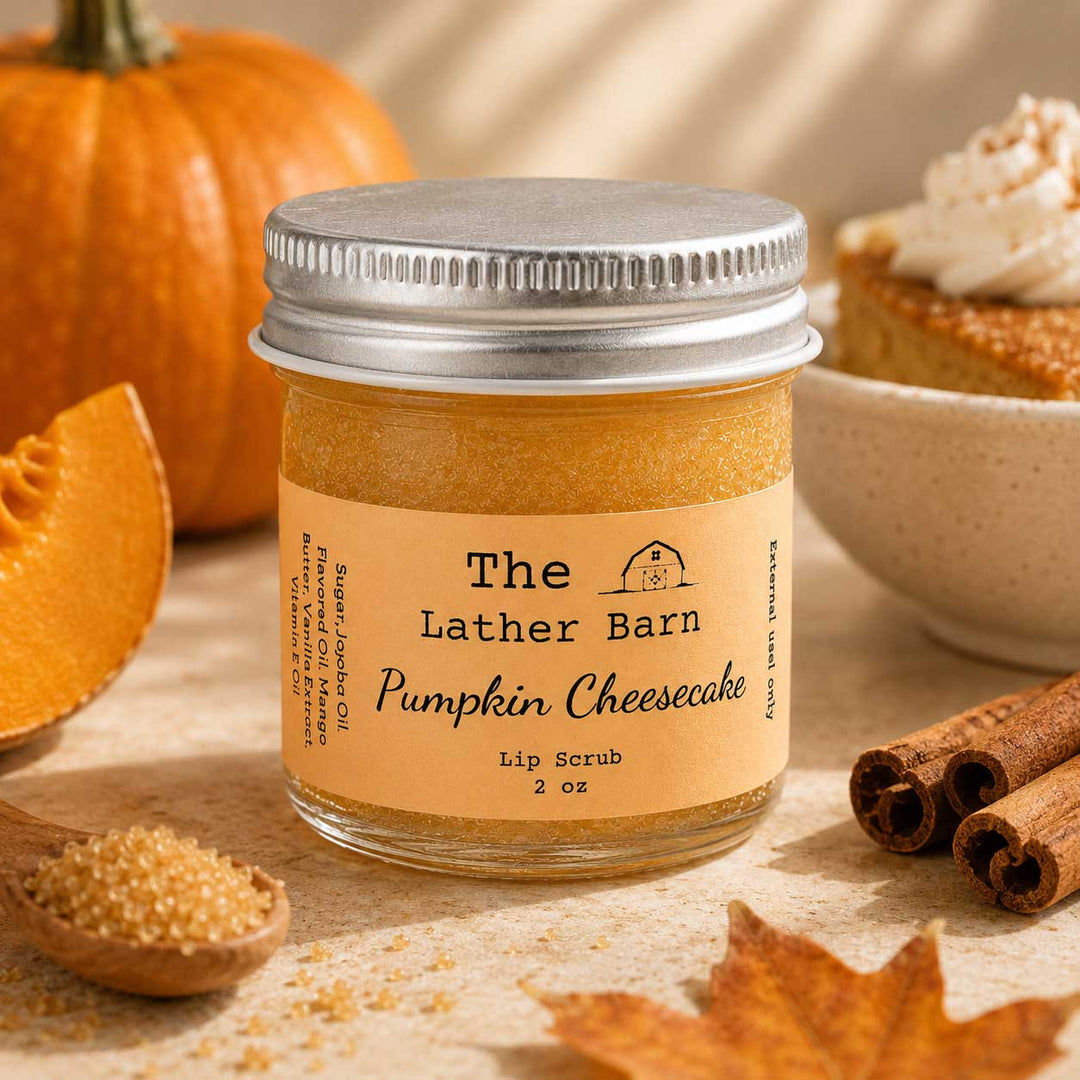 A small glass jar of pumpkin cheesecake lip scrub by The Lather Barn, styled with pumpkins, a slice of pumpkin, cinnamon sticks, brown sugar, and a pumpkin pie in the background.