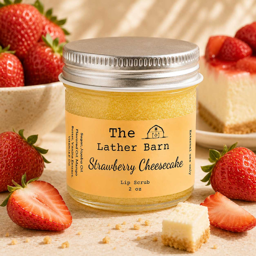 A jar of strawberry cheesecake lip scrub by The Lather Barn, styled with fresh strawberries and a slice of cheesecake on a neutral background.