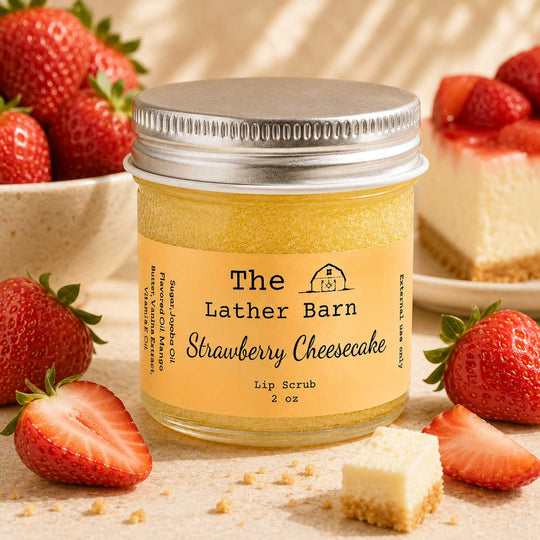 A jar of strawberry cheesecake lip scrub by The Lather Barn, styled with fresh strawberries and a slice of cheesecake on a neutral background.