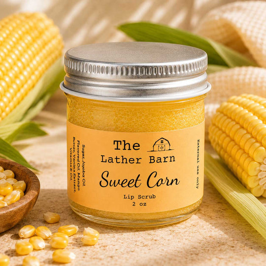A jar of 'The Lather Barn Sweet Corn' lip scrub sits on a rustic stone surface surrounded by fresh corn cobs, loose kernels, and a small wooden bowl. The product is in a clear glass jar with a silver metal lid and a light yellow label.