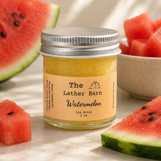 A small glass jar of watermelon lip scrub by The Lather Barn, filled with yellowish-orange scrub and topped with a silver lid, styled with watermelon slices and cubes around it on a light surface.