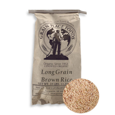One 25 Pound Bag Of Organic Long Grain Brown Rice On A White Background