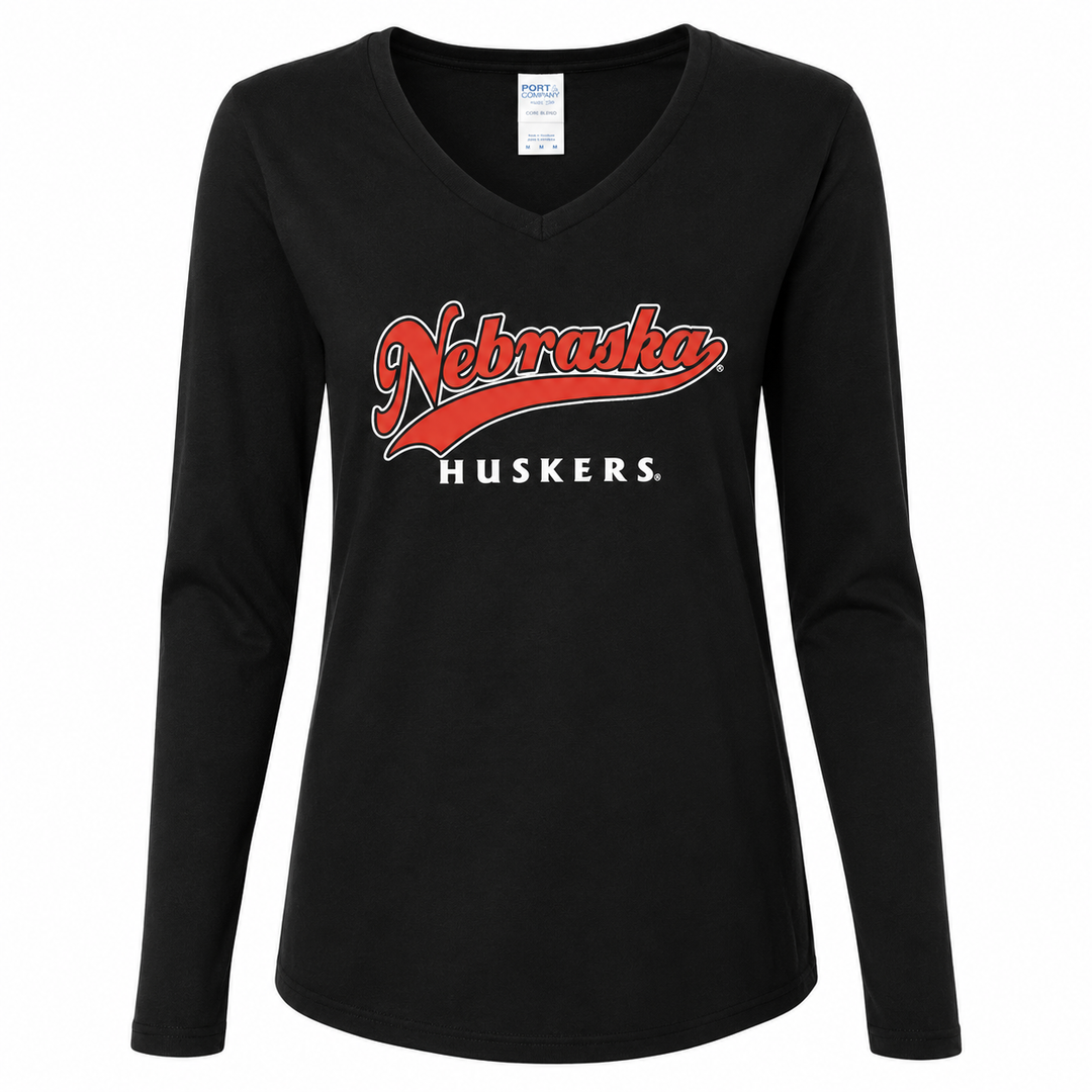 Black long-sleeve shirt with 'Nebraska Huskers' text on a white background