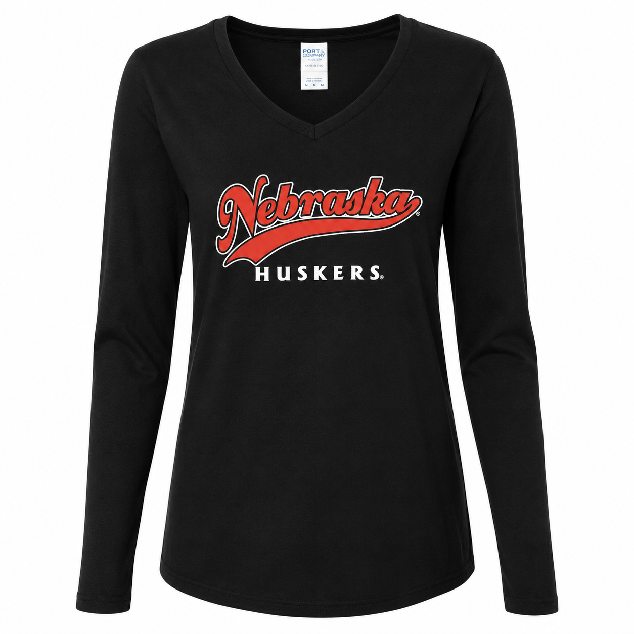 Black long-sleeve shirt with 'Nebraska Huskers' text on a white background