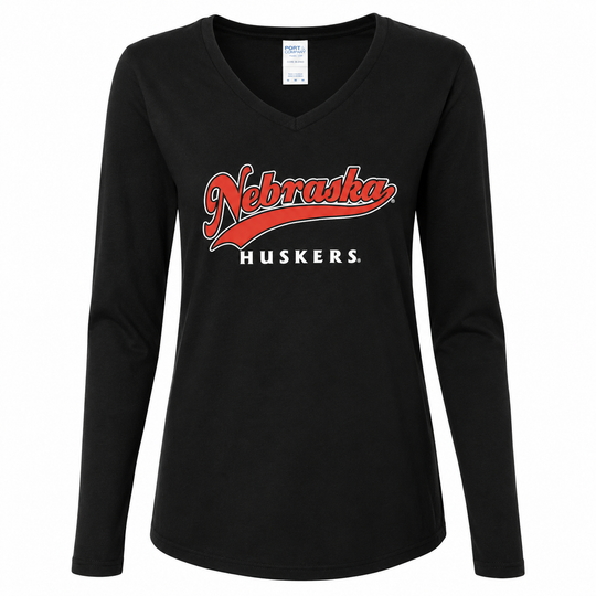 Black long-sleeve shirt with 'Nebraska Huskers' text on a white background