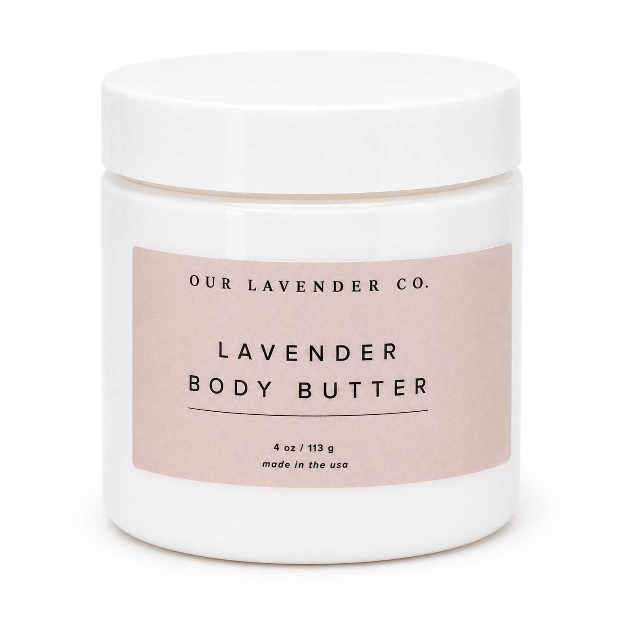 Lavender body butter jar with pink label on a white background