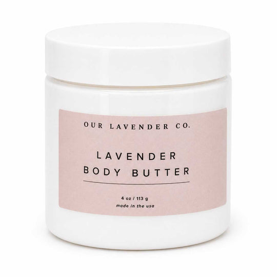 Lavender body butter jar with pink label on a white background