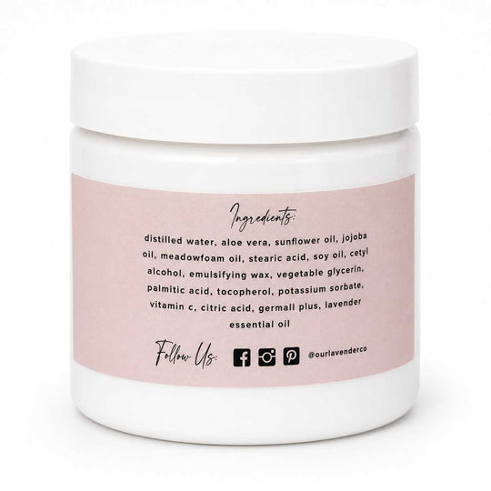 White jar with pink label displaying ingredients on a white background