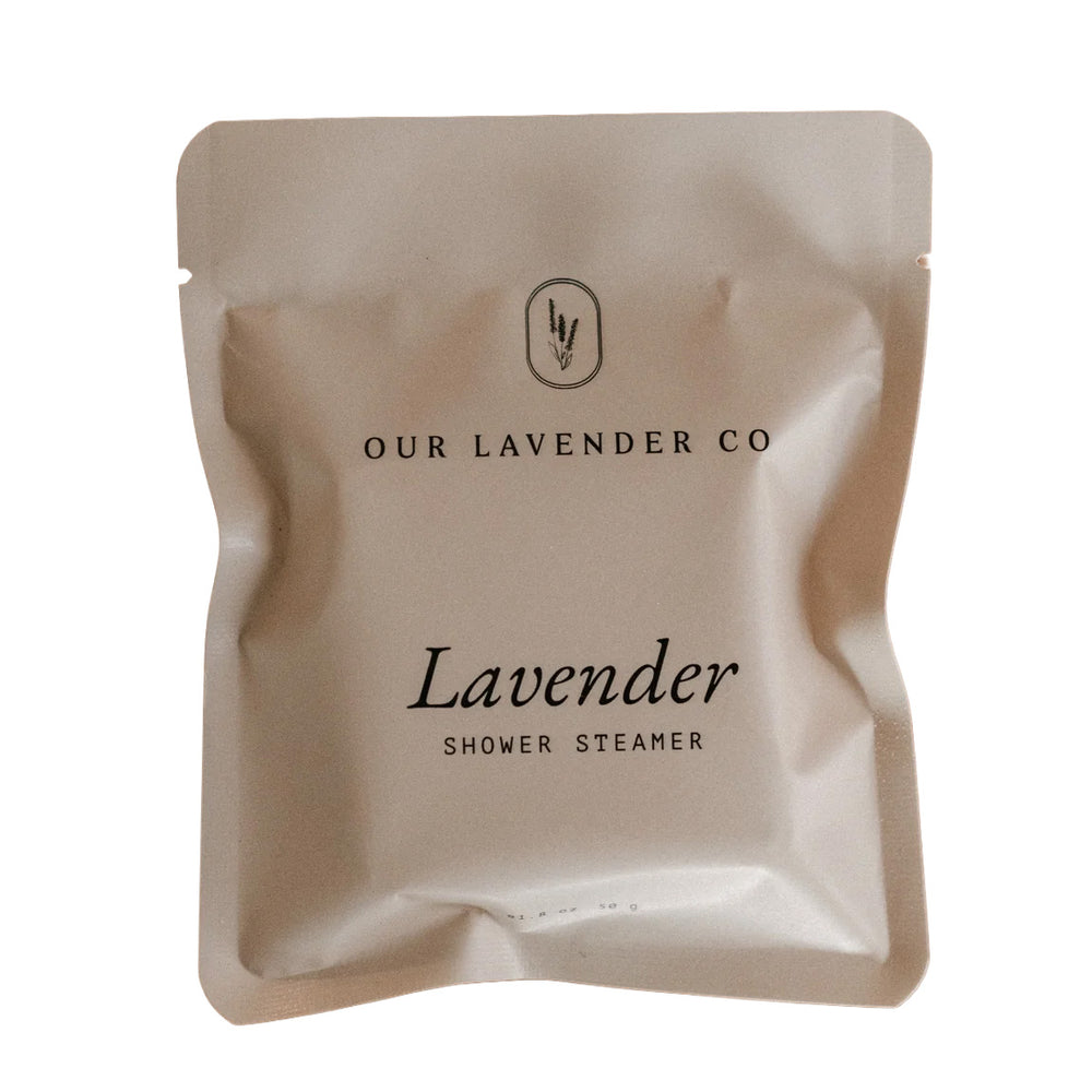 Lavender shower steamer packaging from Our Lavender Co on a white background