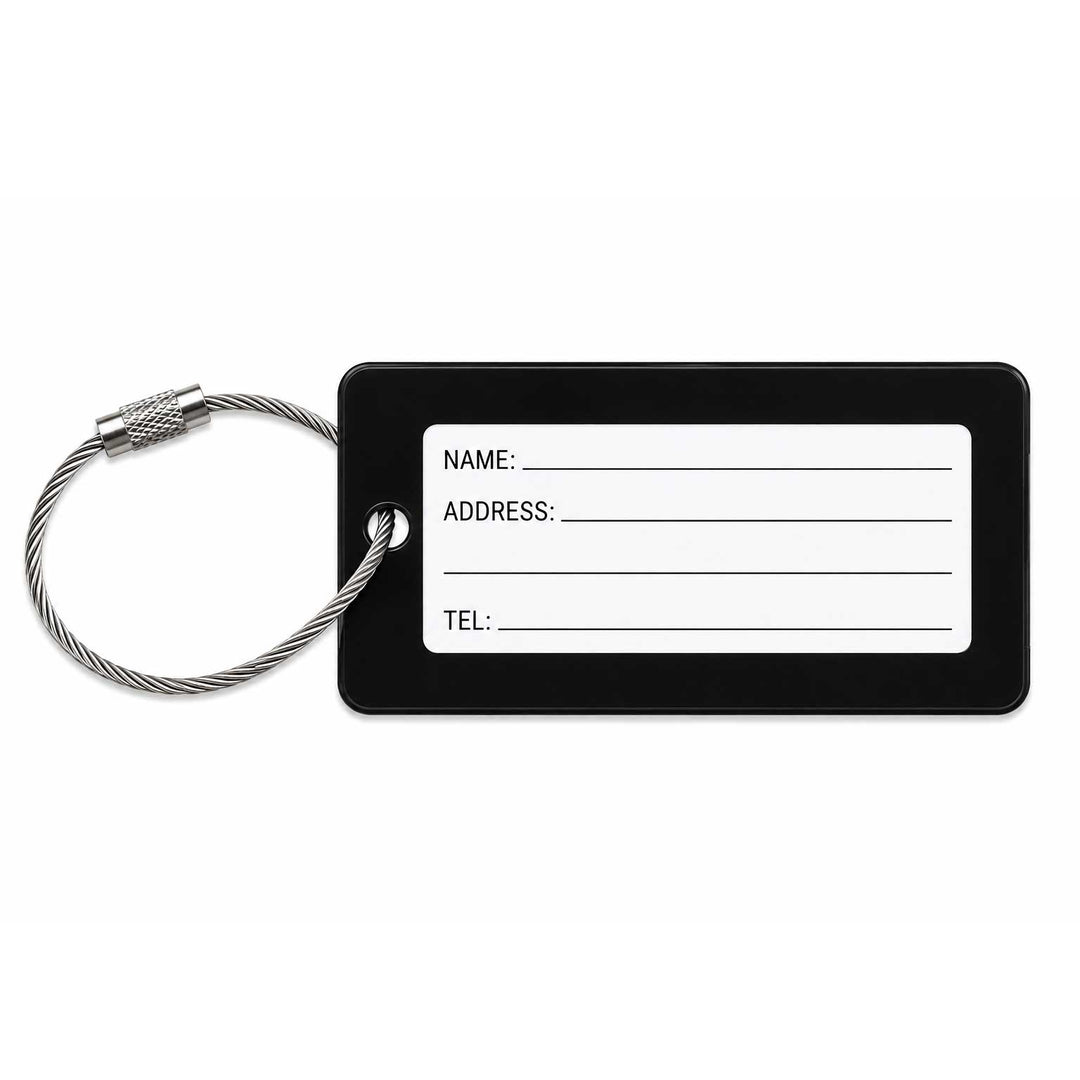 A black luggage tag with a silver steel cable lock and a white writing panel showing sample fields for name, address, and telephone.
