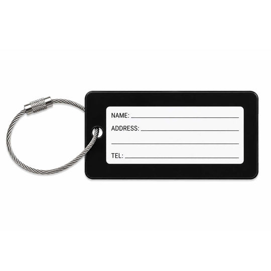 A black luggage tag with a silver steel cable lock and a white writing panel showing sample fields for name, address, and telephone.