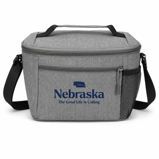 A gray heathered insulated lunch bag with black handles and shoulder strap, featuring a blue Nebraska logo and 'The Good Life Is Calling' text on the front pocket.