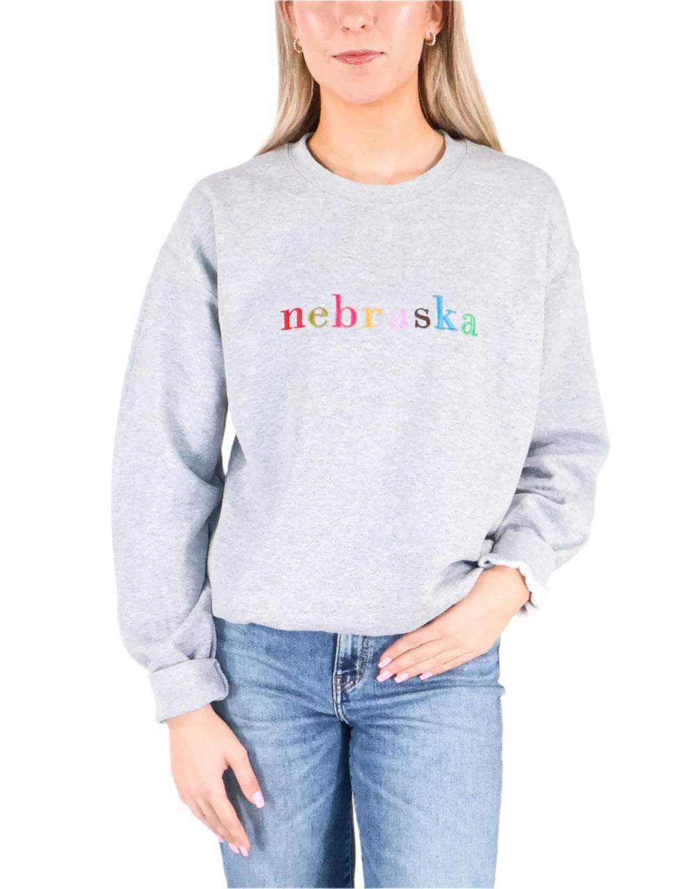 Colorful Nebraska Sweatshirt | Vibrant Embroidery | Cute, Simple, Cozy | Lux by Leslie | Made in Ord, NE