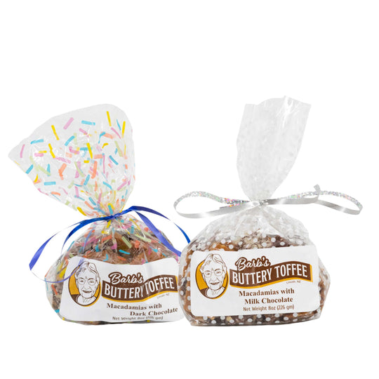 Homemade Macadamia Toffee Bundle | 8 oz | Milk and Dark Chocolate | Barb's Buttery Toffee