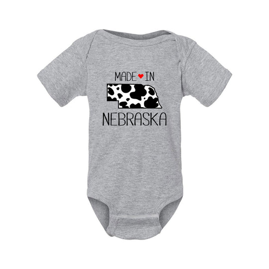 “Made in Nebraska” Cow Print Baby Onesie | Multiple Sizes | Nature Finds & Designs