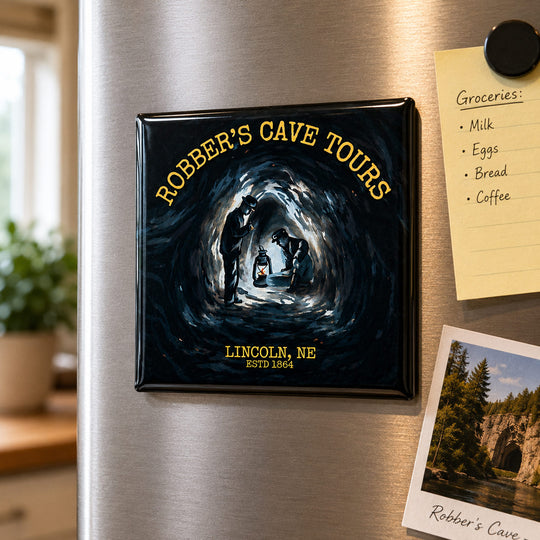A square refrigerator magnet featuring an illustration of a dark cave interior with the text 'ROBBER'S CAVE TOURS' and 'LINCOLN, NE ESTD 1864,' attached to a stainless steel fridge. A sticky note and a photo card are also visible on the fridge, with a blurred kitchen background.