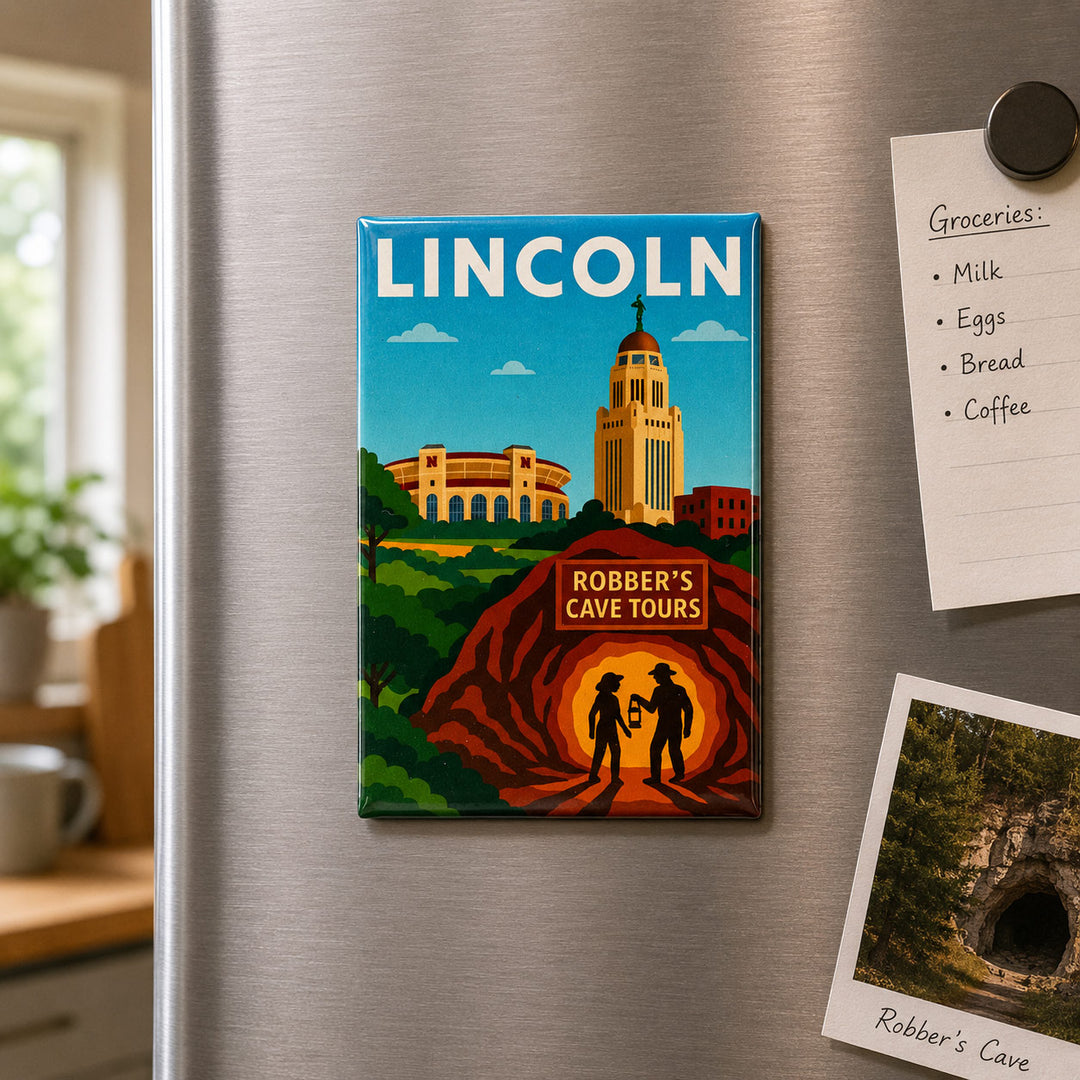 A rectangular refrigerator magnet featuring a vintage-style travel poster of Lincoln, Tennessee, with the text 'LINCOLN' and 'ROBER'S CAVE TOURS', attached to a stainless steel refrigerator alongside sticky notes and a photo.