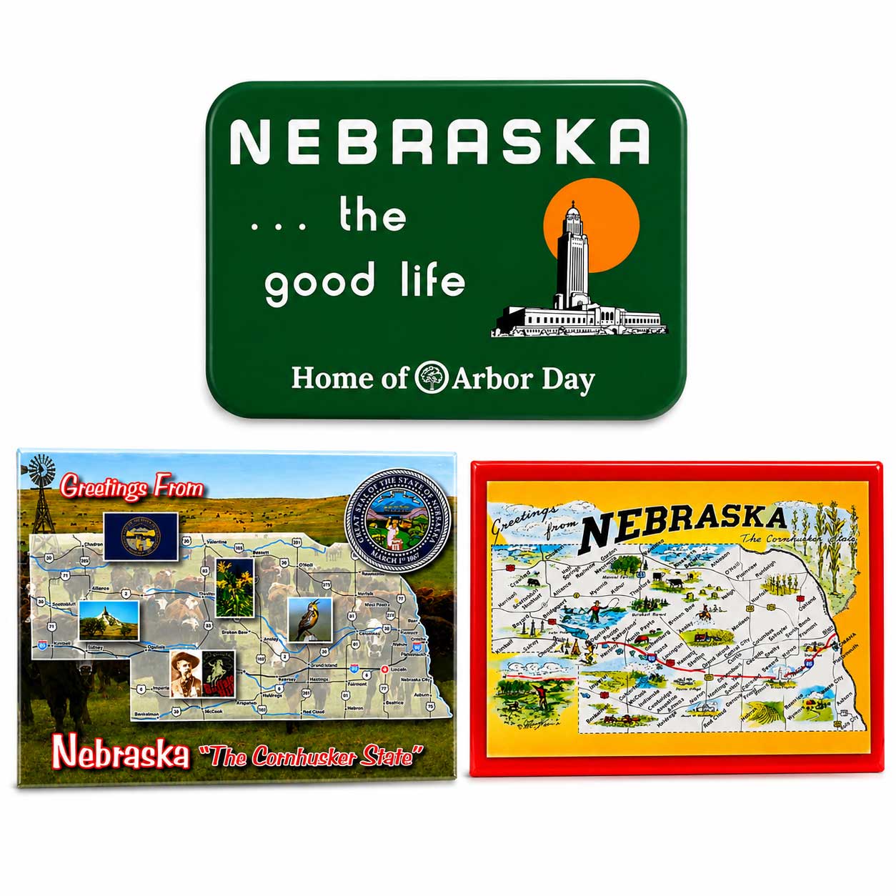 Three Nebraska-themed decorative items shown on a white background: a green rectangular sign with white text and a small orange sun illustration, a colorful map-style plaque reading 'Greetings From Nebraska The Construction State,' and a red-bordered map print of Nebraska with labeled regions and illustrations.