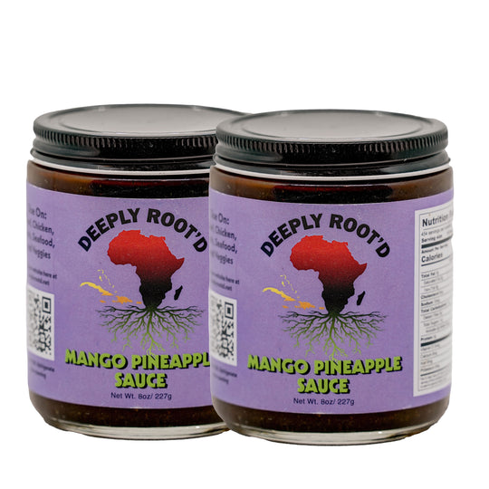 Two jars of Deeply Root'd Mango Pineapple Sauce on a white background