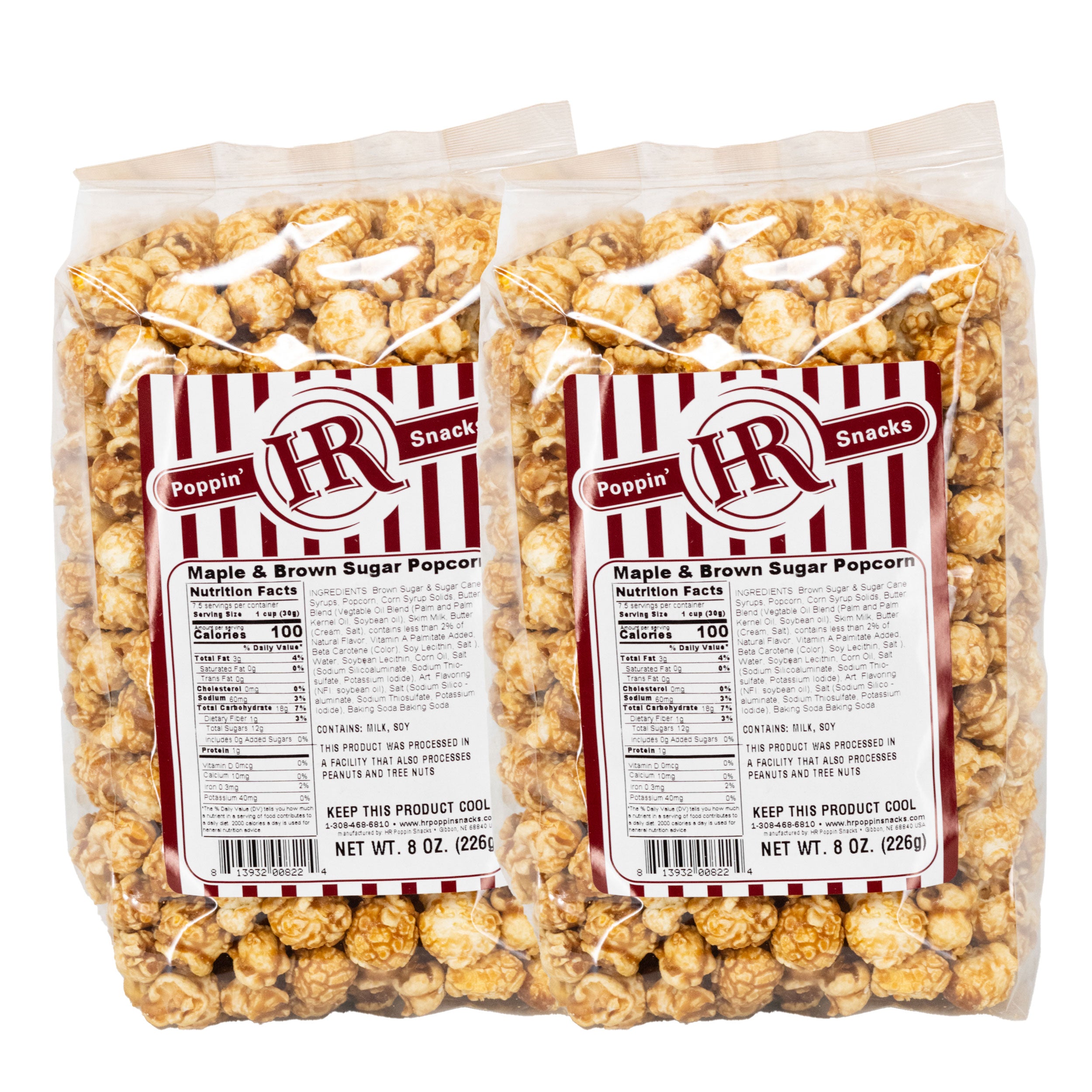Two packages of HR Poppin' Snacks Maple & Brown Sugar Popcorn on a white background